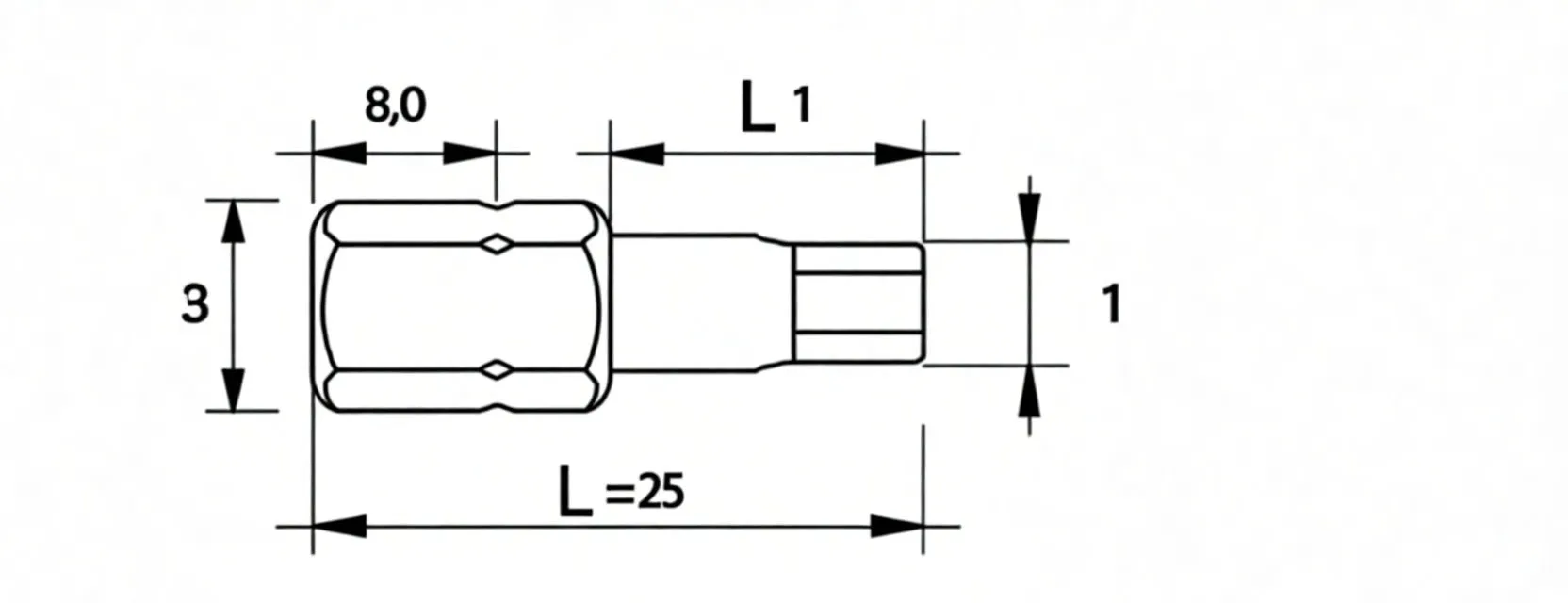 Technical diagram of a 25 mm 1/4 inch hex screwdriver bit with dimensions