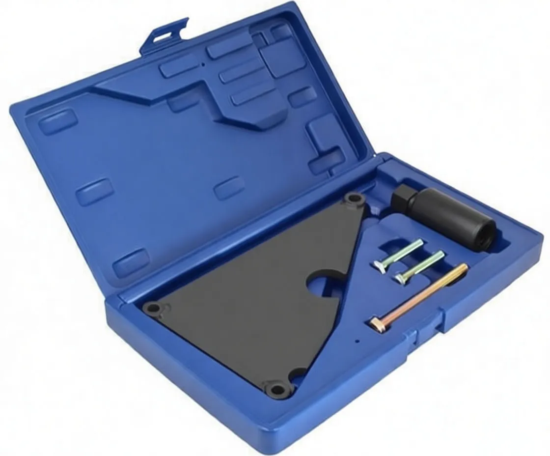Angled shot of blue case with sprocket removal plate, circular collar, extractor bolts and cylindrical adapter neatly fitted in molded compartments.