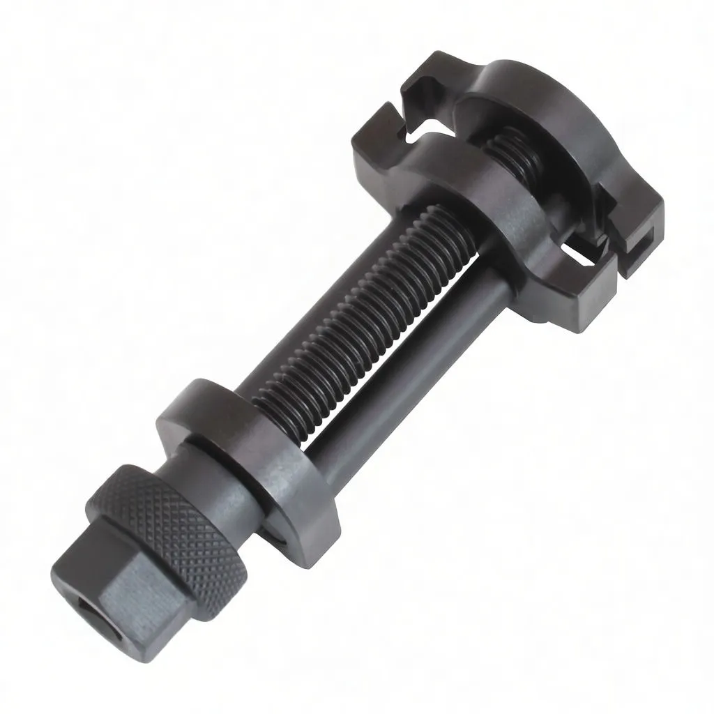 Top-side view of a black hose clamp plier showing threaded rod, guide rod with faint marking, sliding collar and knurled adjustment nut.