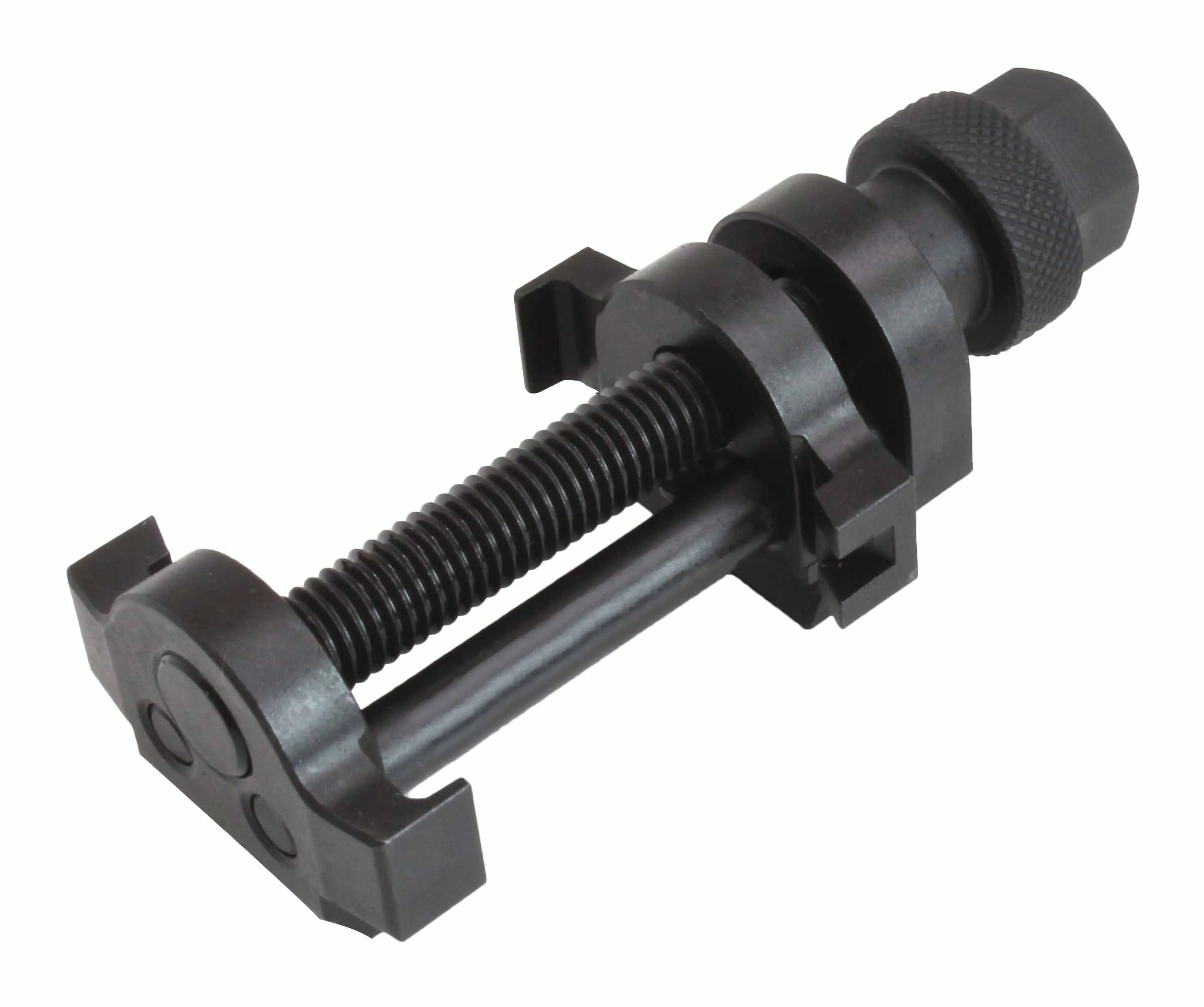 Alternate angle of black metal hose clamp plier showing U-shaped jaws, threaded shaft, parallel guide rods and knurled hex nut.