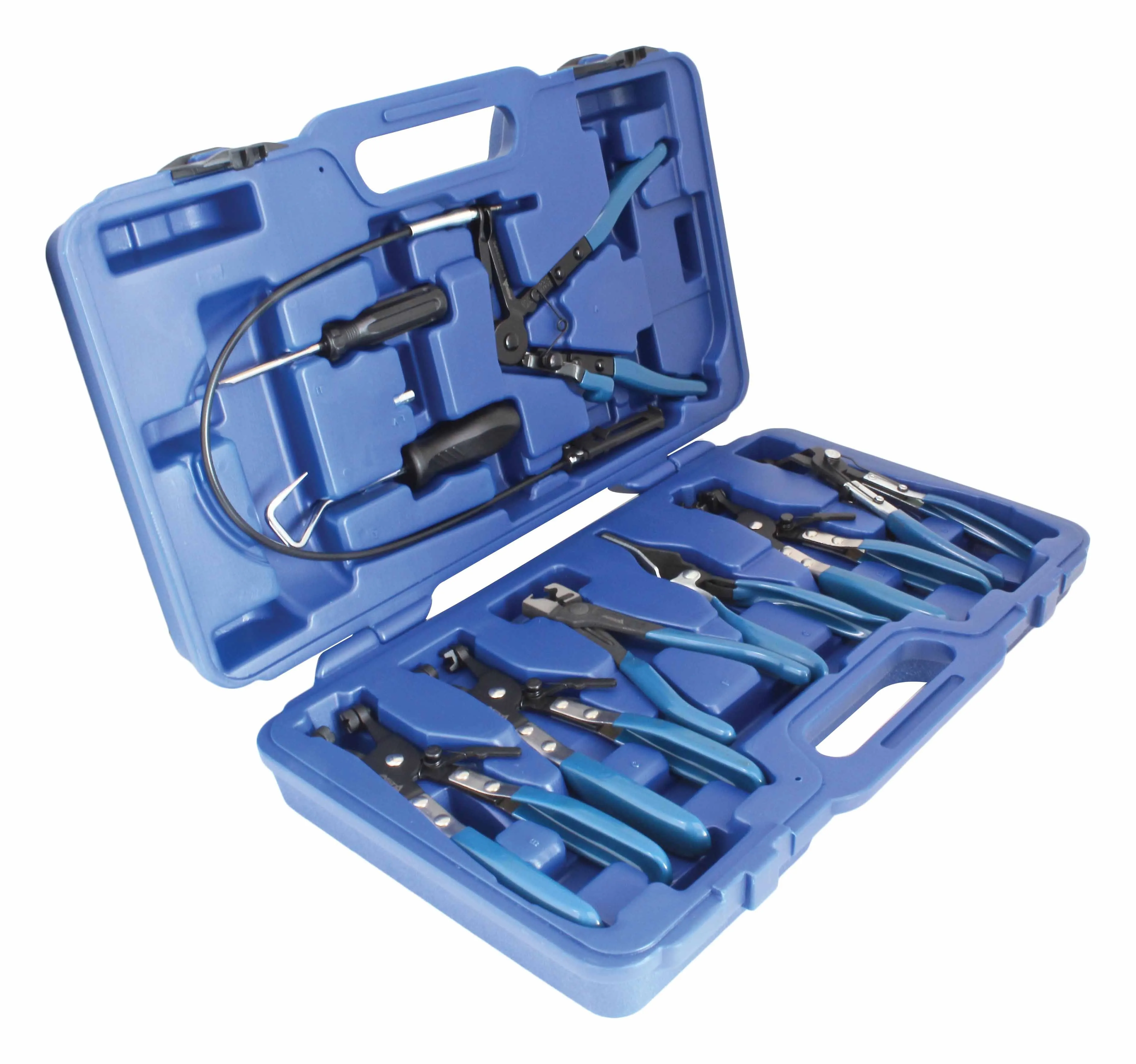 Angled perspective of open case with set of blue-handled hose clamp pliers and cable tool