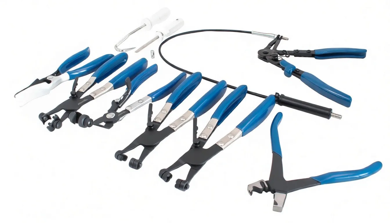 Individual hose clip pliers, cable-operated plier and hook tools laid out on white background