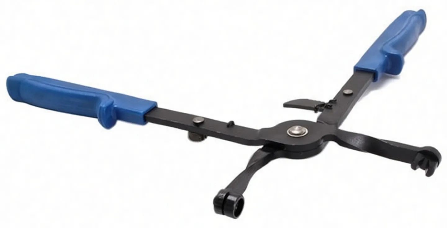 Oblique open view of pliers for self-clamping hose clips, showing pivot, locking catch and roller-style jaws with blue handles