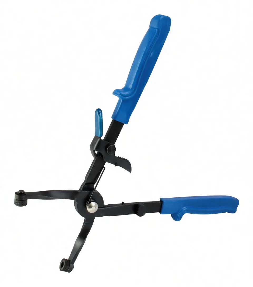 Open view of blue-handled clamp pinchers with central rivet, three spreading metal arms and textured pad tips, serrated locking pawl and 'satra' logo.