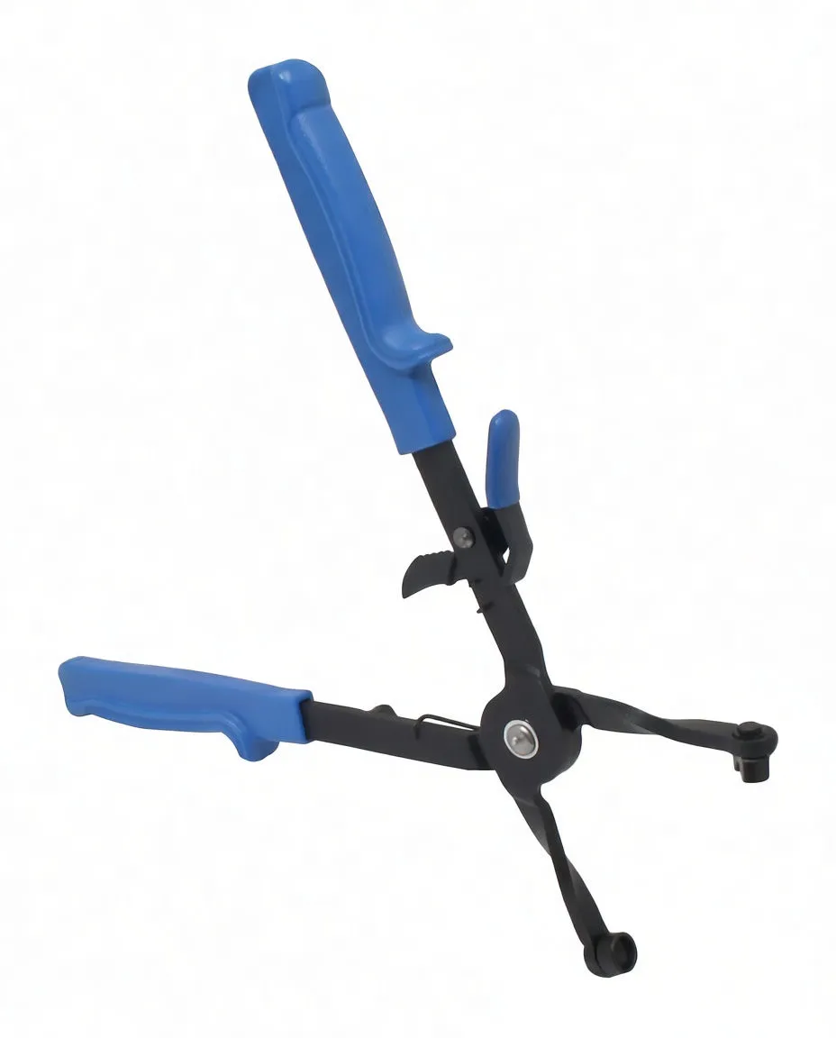 Vertical view of pliers with blue handles and round jaw posts, model S-EK1202 visible