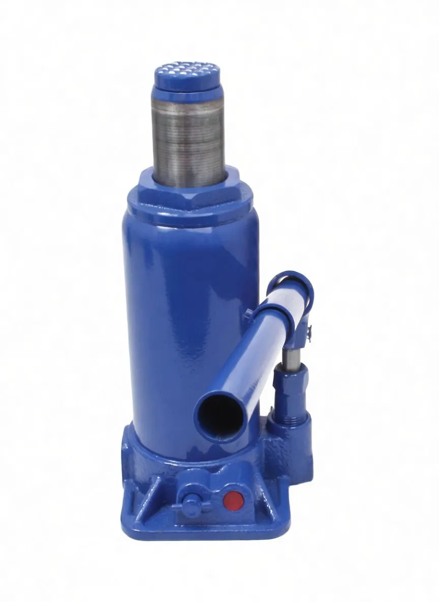 Rear view of blue bottle jack with folded pump lever and serial sticker on lower body