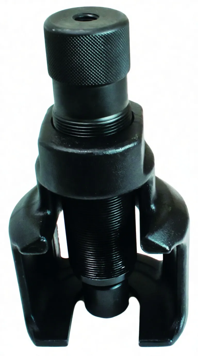 Angled side view of C-shaped hydraulic ball joint puller showing ram pin with rounded tip