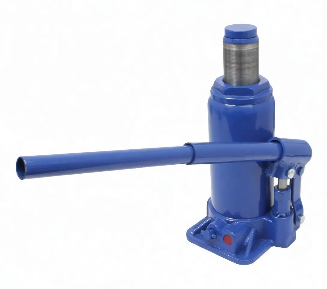 Side view of blue bottle jack with handle inserted horizontally, showing piston and pump lever assembly