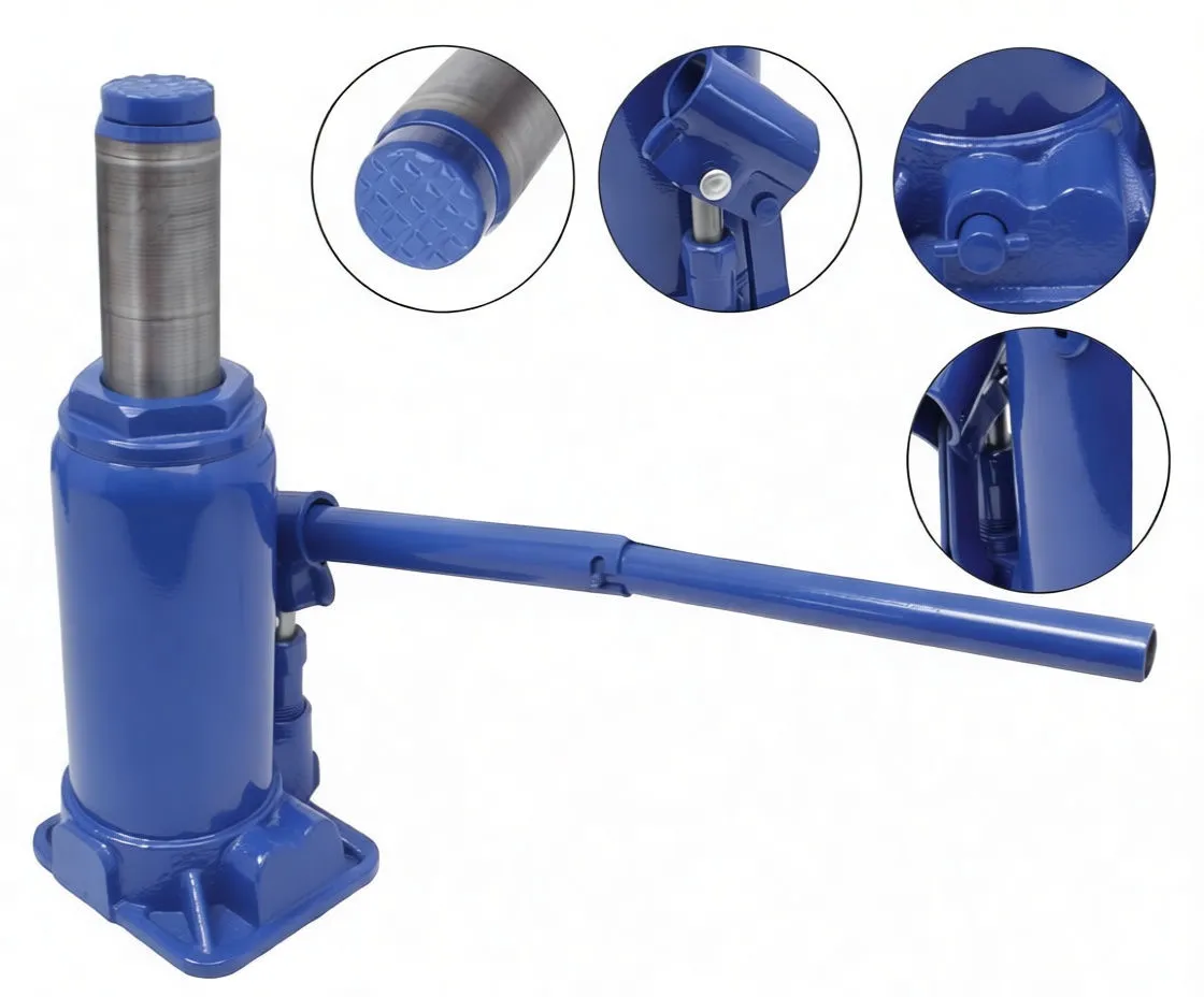 Three-quarter view of blue 10-ton bottle jack showing piston, textured saddle and front label