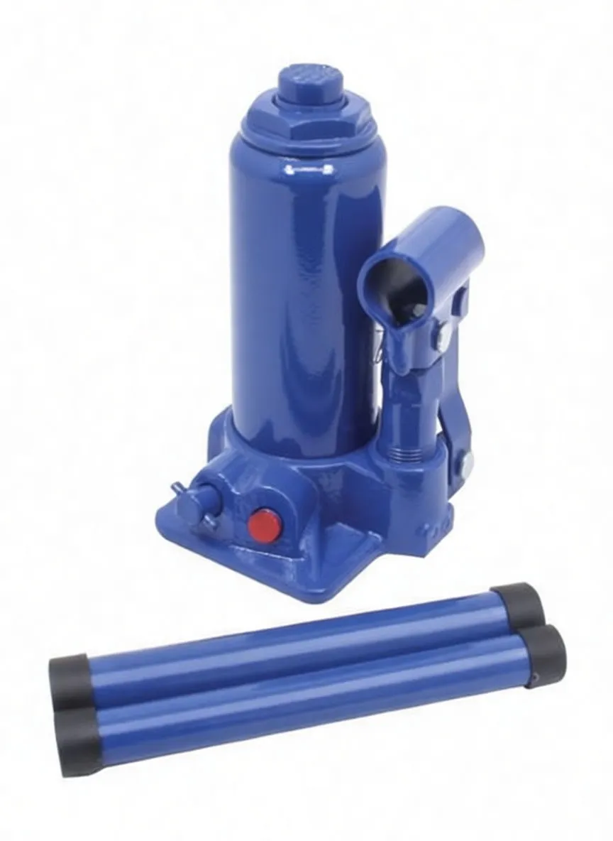 Close-up of blue bottle jack and detached handle tubes showing label with 3 TON and ports