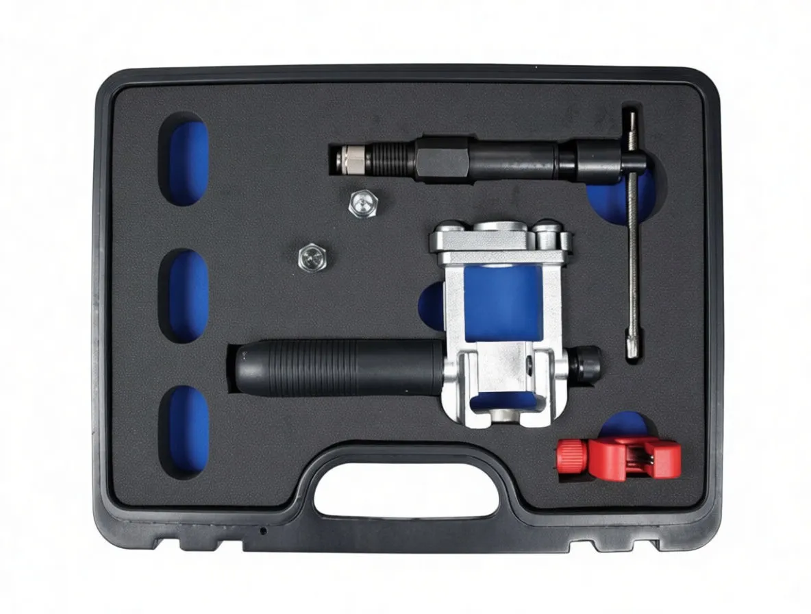 Top-down flat view of brake pipe flaring tool set in black molded case showing flaring yoke, mandrel, die blocks, nuts and red cutter