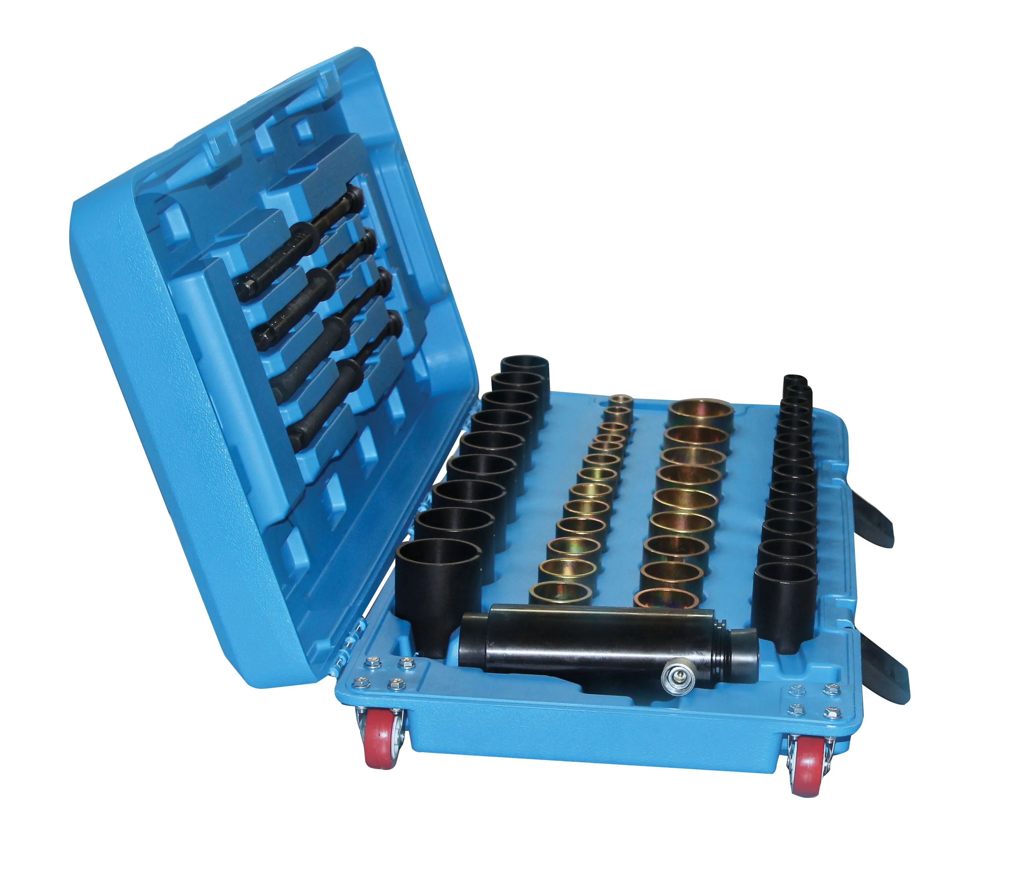 Side-angle open case showing hydraulic cylinder with silver connector, rows of cups and sleeves, threaded rods in lid and small red wheels