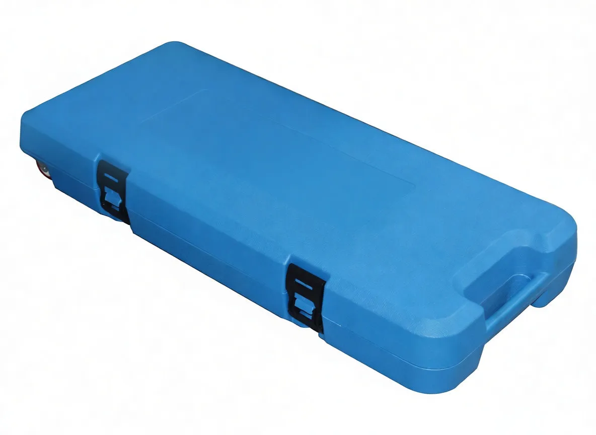Closed blue plastic carry case with handle, two black latches, small white label and red wheels at one end