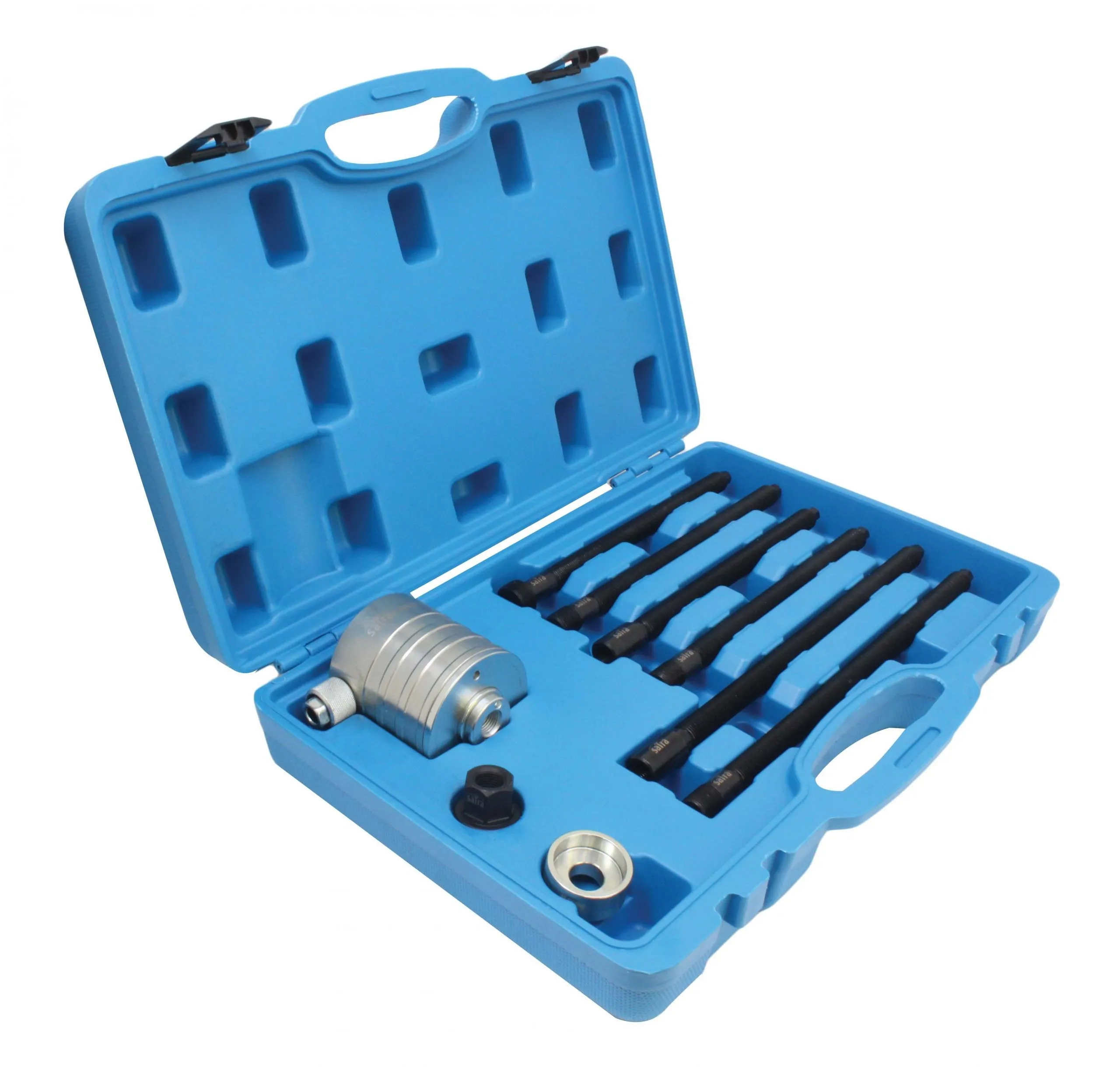 Angled view of blue case with hydraulic receiver, adapter cups and six threaded puller rods in molded compartments