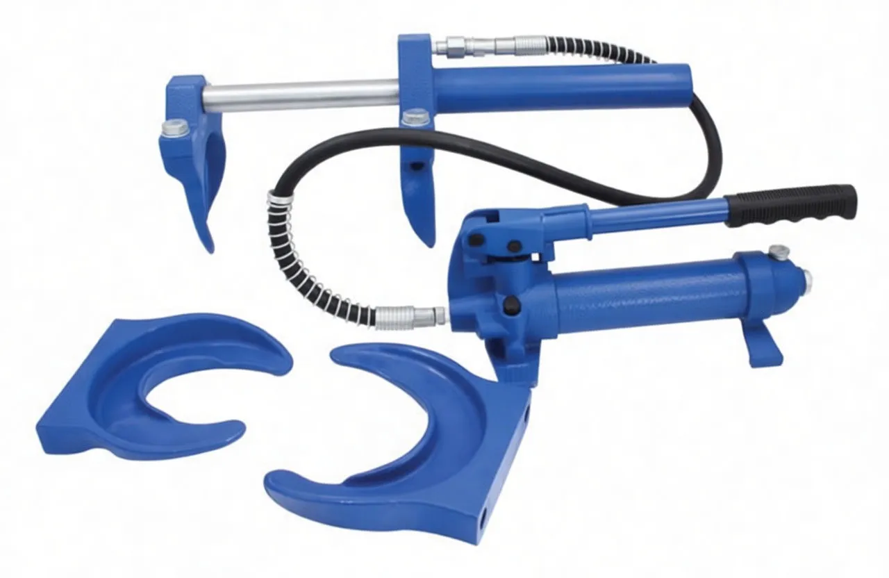 Blue hydraulic spring compressor laid flat showing pump, crossbar, two crescent-shaped saddles and connecting hose
