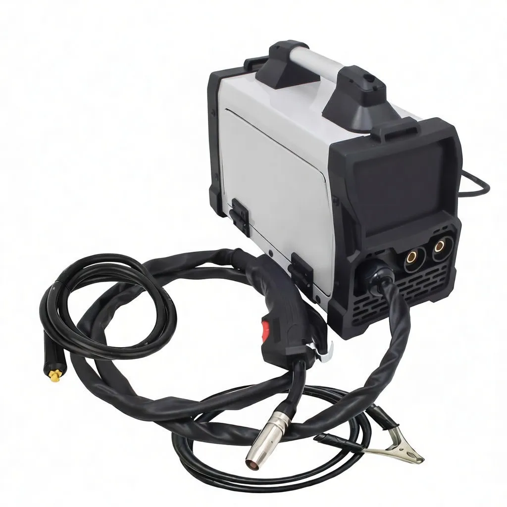 Side view of saTra welder showing brand name on body, top handle, coiled torch hose and accessory cables with welding mask nearby.