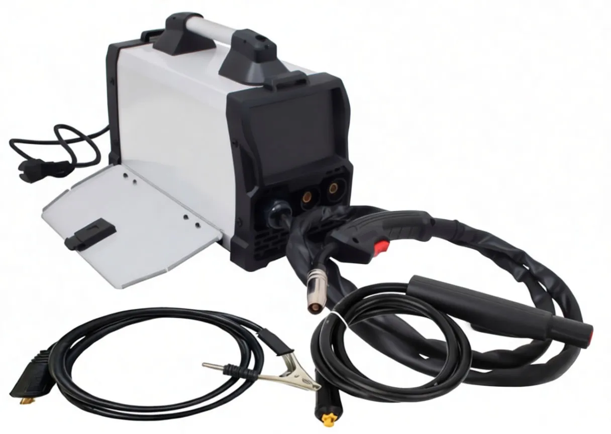 Welder with side door open showing internal wire-feed compartment, front controls, torch and cables, plus welding mask and brush.