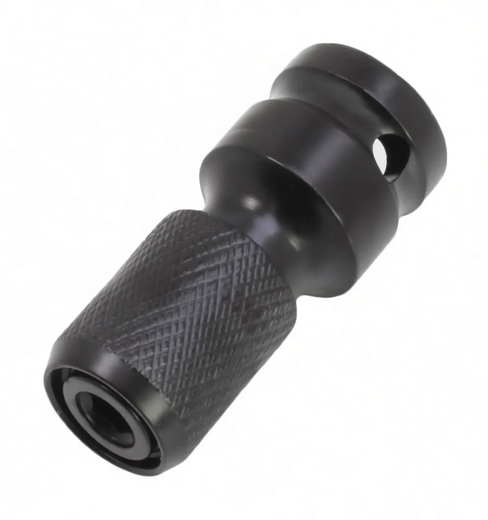 Angled side view of the black knurled impact adapter showing 1/4" hex end and 'satra' logo on the collar