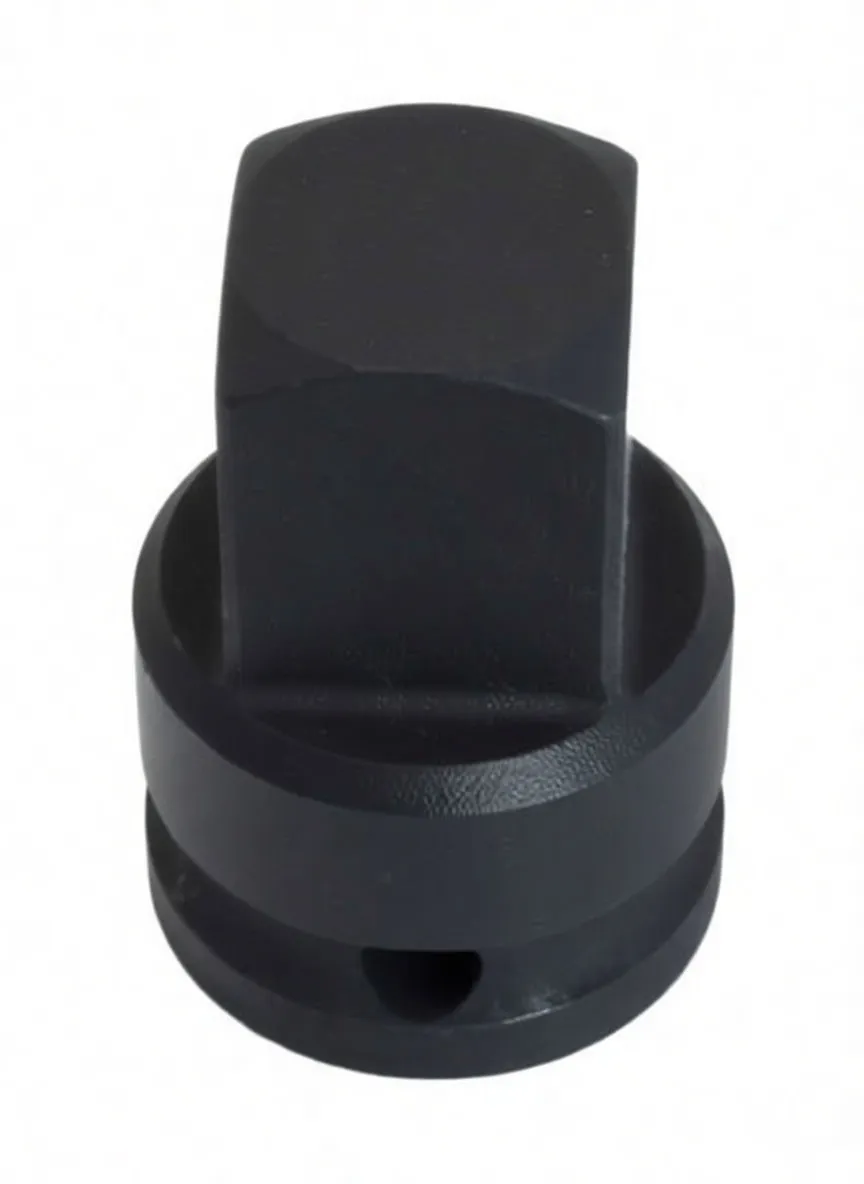 Angled view of adaptor showing larger female square recess, through-hole, and male drive with detent ball on textured black finish.