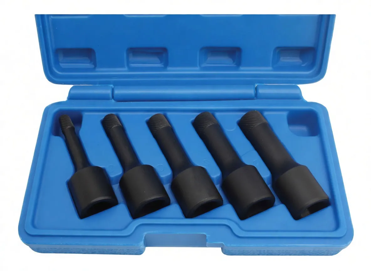 Top view of blue molded case with five black nut twister sockets of increasing size, each labeled 'satra'.