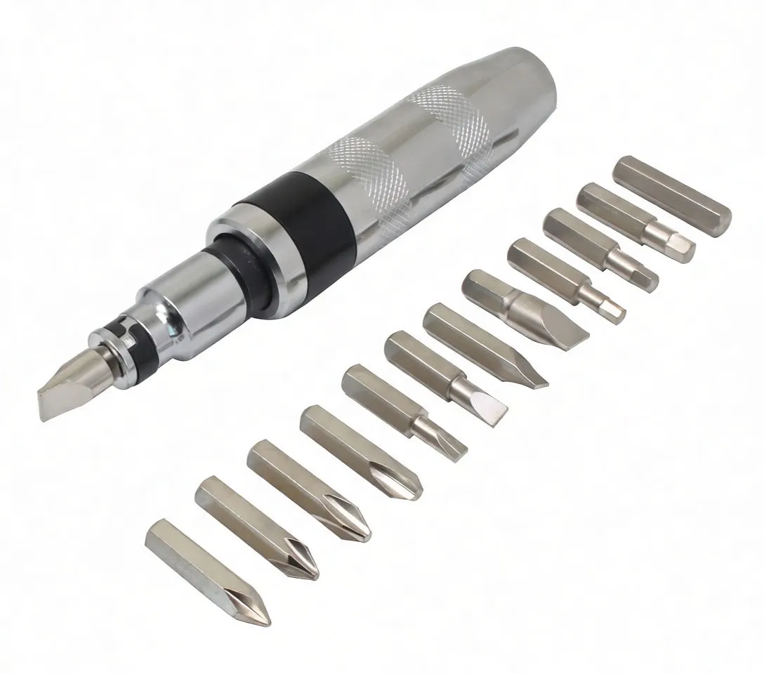 Chrome impact screwdriver on its side with 13 bits lined up in front, showing various Phillips and slotted tips