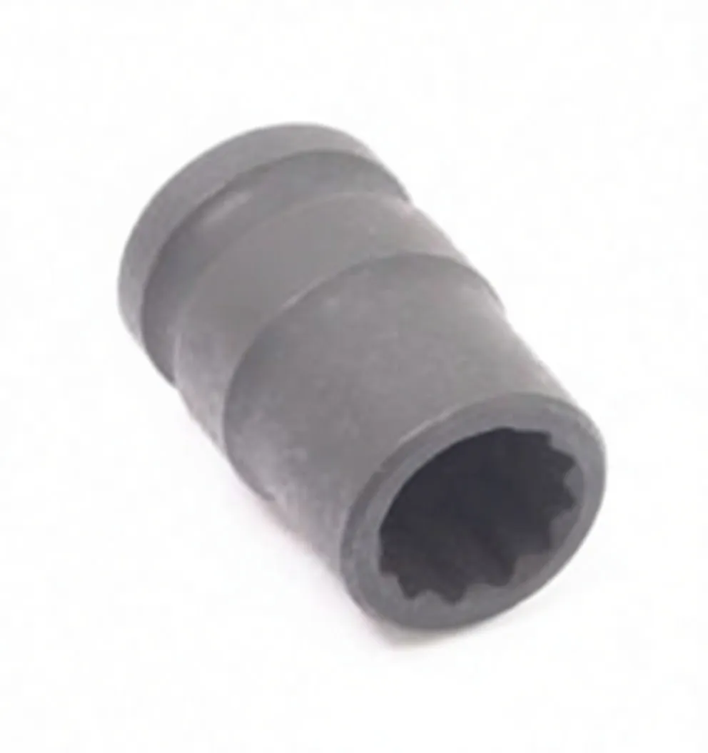 Angled top-down view of an impact socket showing square drive recess, 12-point interior, side retention hole and ASTA 14mm marking.