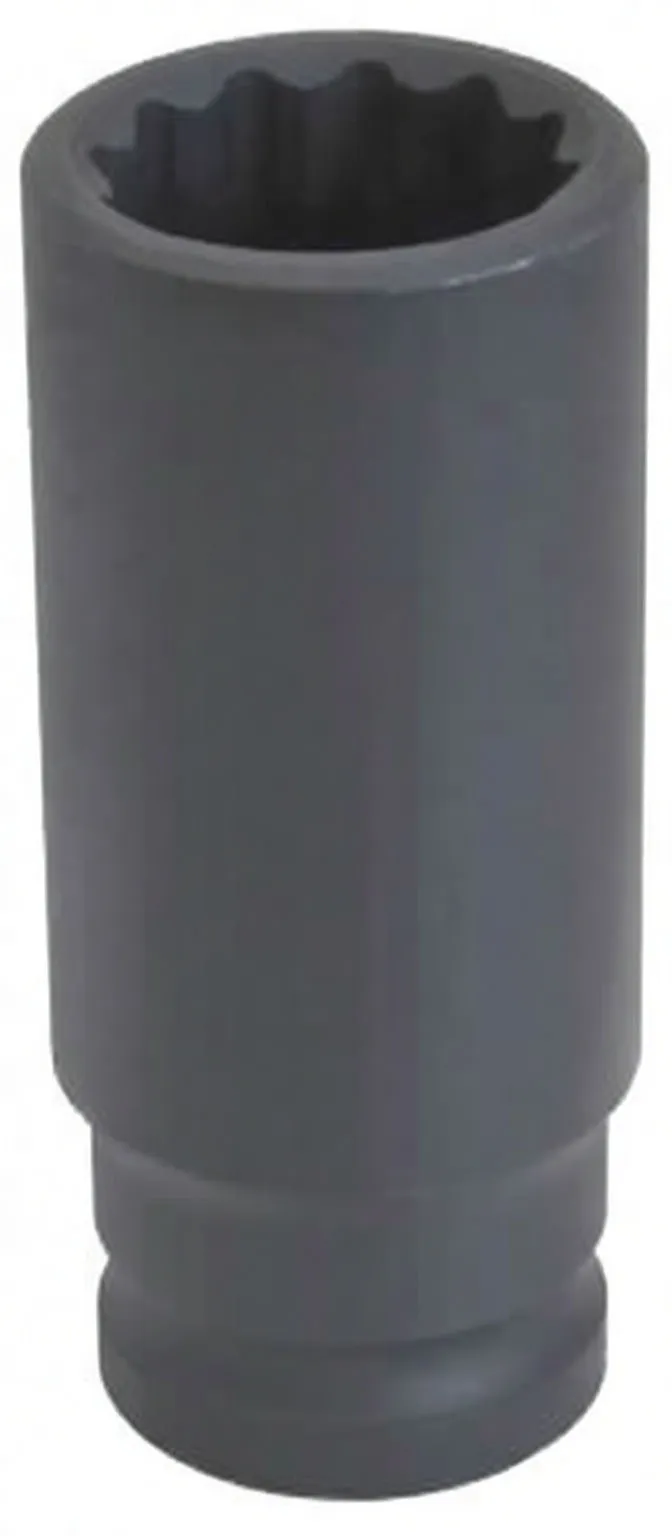 Angled view of dark 12-point impact socket showing internal profile, ASTA 23mm marking and drive hole