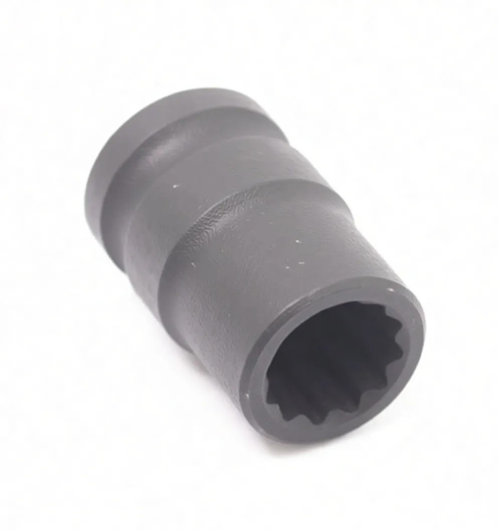 Diagonal side view of a black impact socket showing 12-point opening, ASTA CR-MO 14mm markings, and a side retention hole.