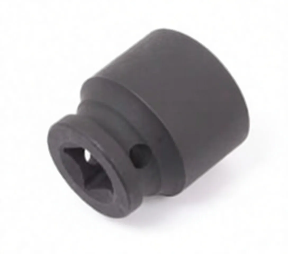 Side-angle view of a black impact socket showing the 1/2" square drive recess and a pin hole, with 'CR-MO 27mm' markings on the housing.