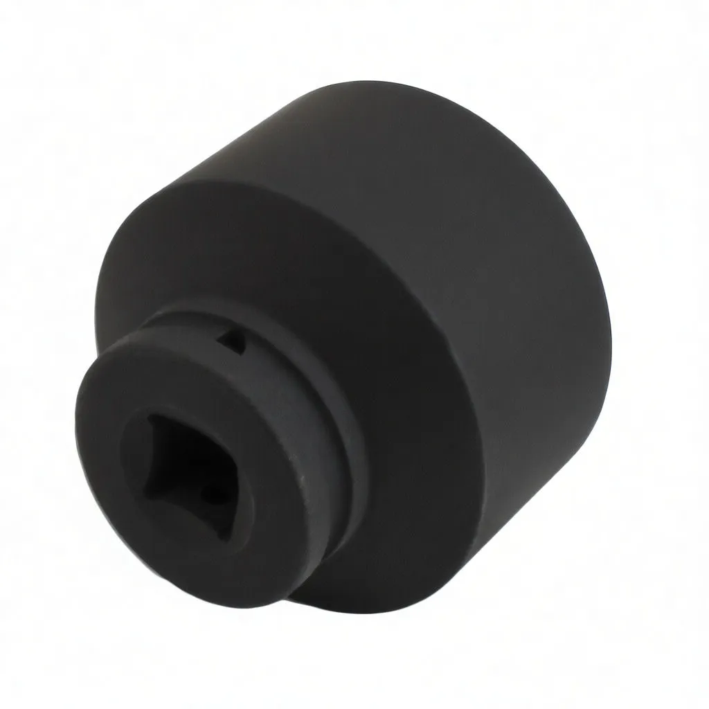 Angled side view of black impact socket showing square drive recess, ASTA logo and CR-MO 65mm text
