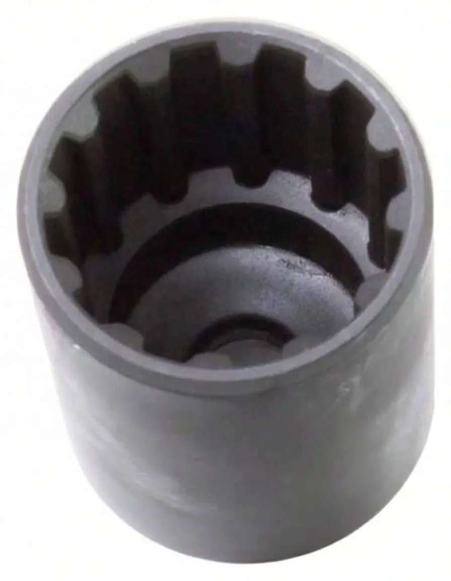 Close-up view inside a black impact socket showing 12-point profile and white '32mm' marking on the outer face