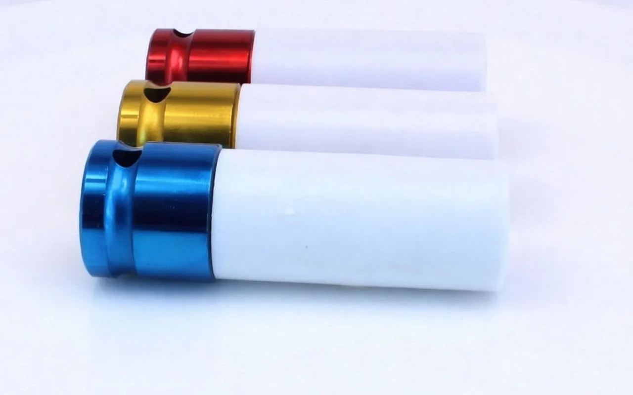 Side view of three long white-sleeved impact sockets with blue, gold and red anodized collars and printed size/logo markings.