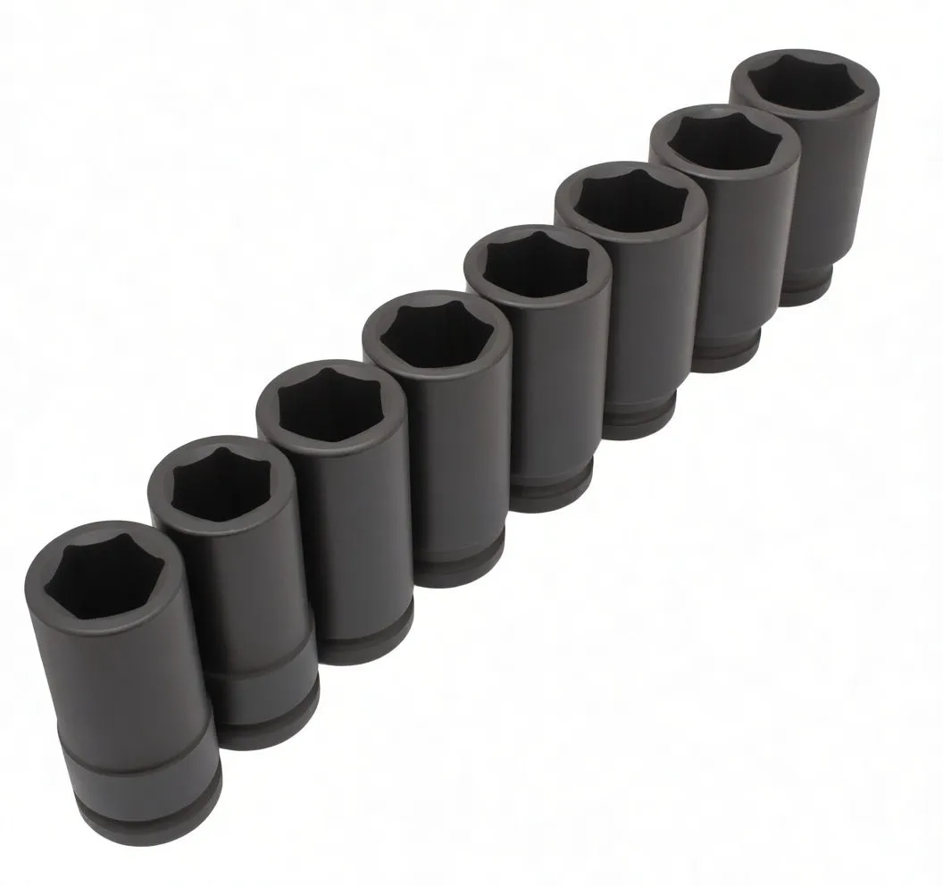 Eight long black impact sockets aligned, showing six-point openings, printed size markings and 3/4-inch drive bases.