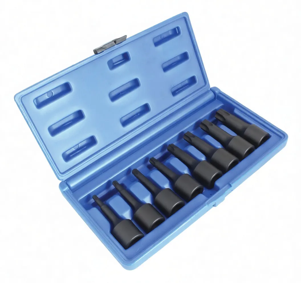 Angled view of open blue case with eight black Torx impact sockets in molded tray