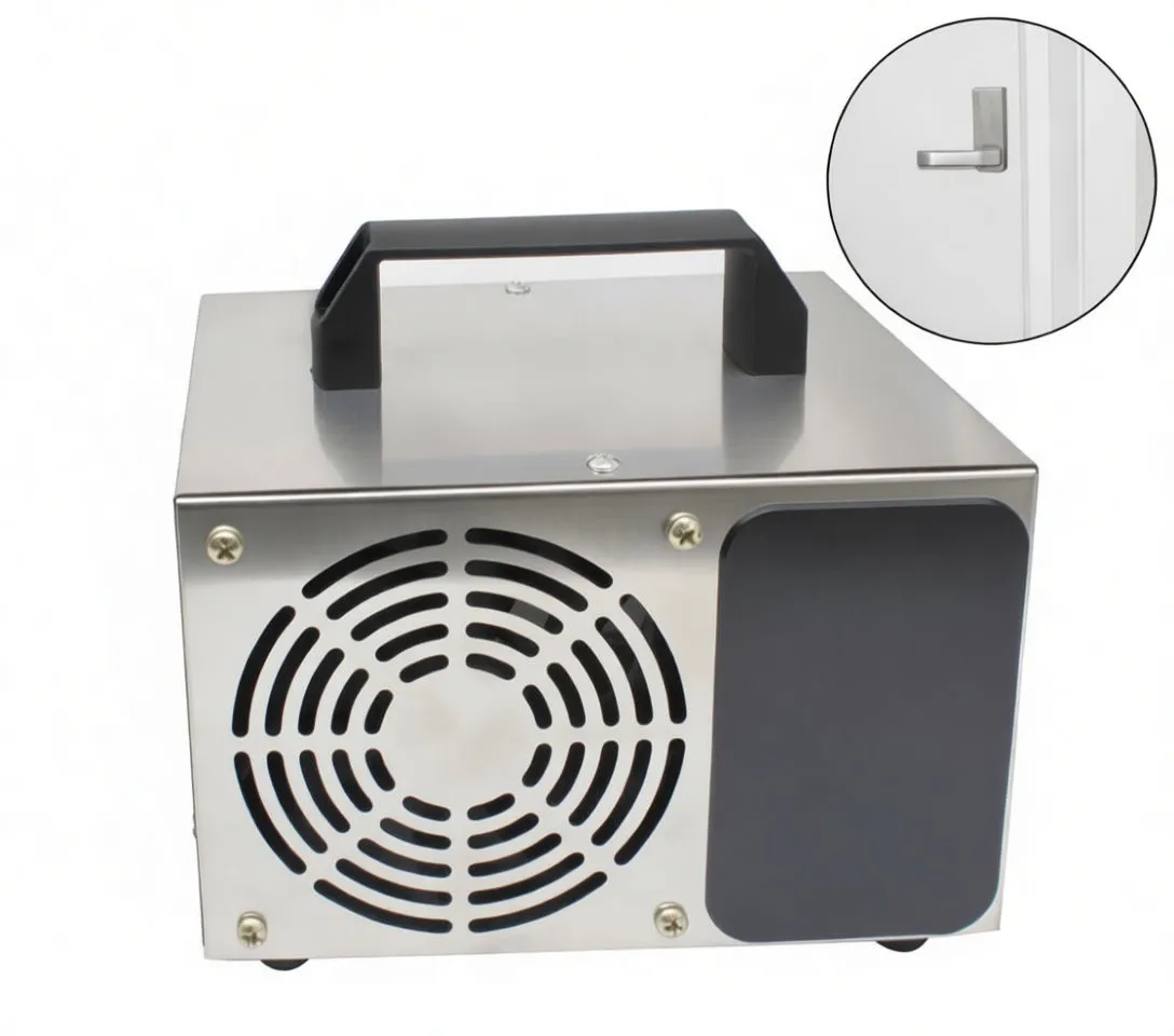 Ozone generator with red 'NIE WCHODZIĆ!' do-not-enter door hanger and inset showing hanger on a door handle