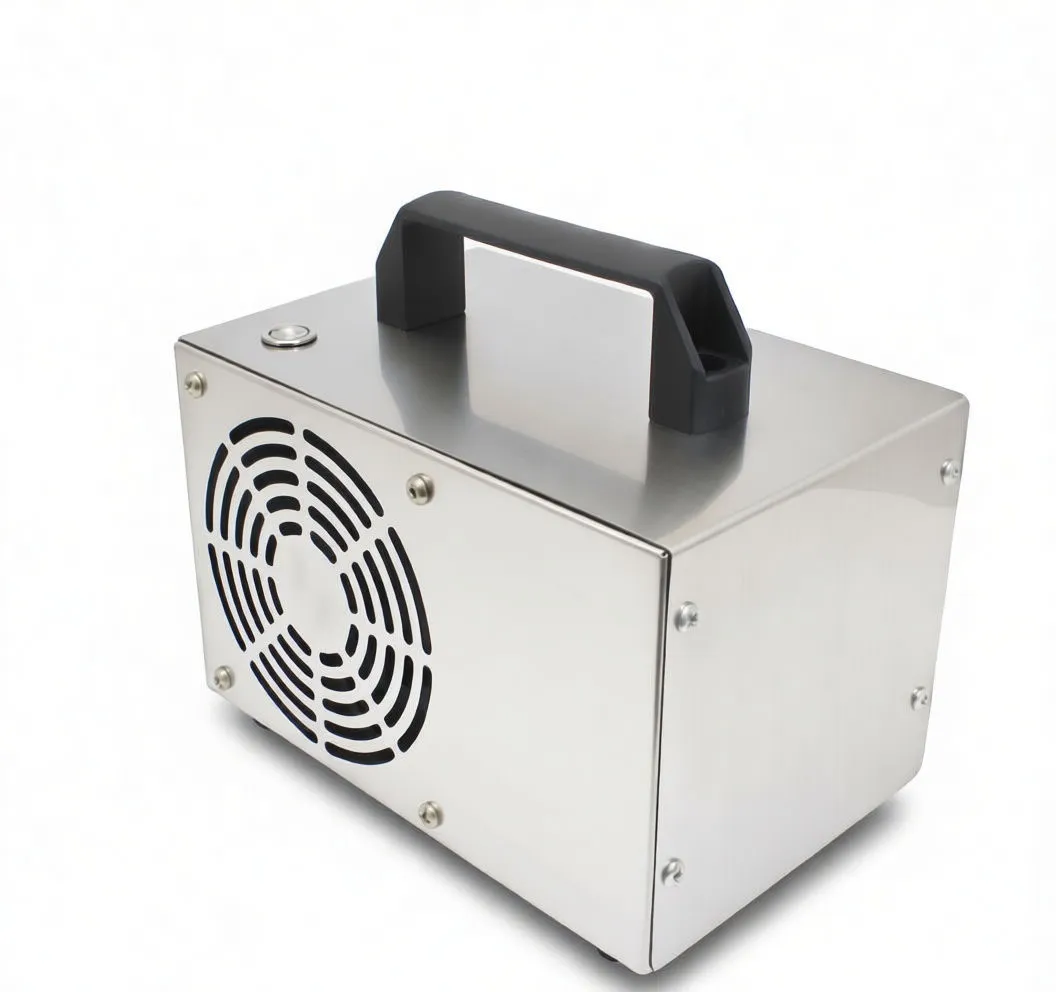 Ozone generator with graphic O3 molecules and arrows emerging from the fan vent to illustrate ozone emission