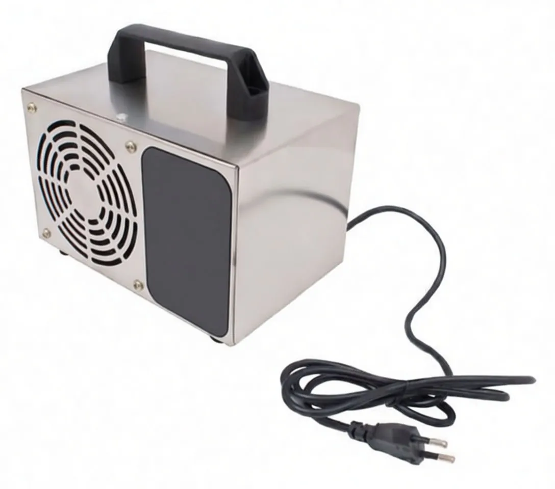 Front close-up of stainless-steel ozone generator showing fan grille, timing dial, saTra logo and red indicator lamp