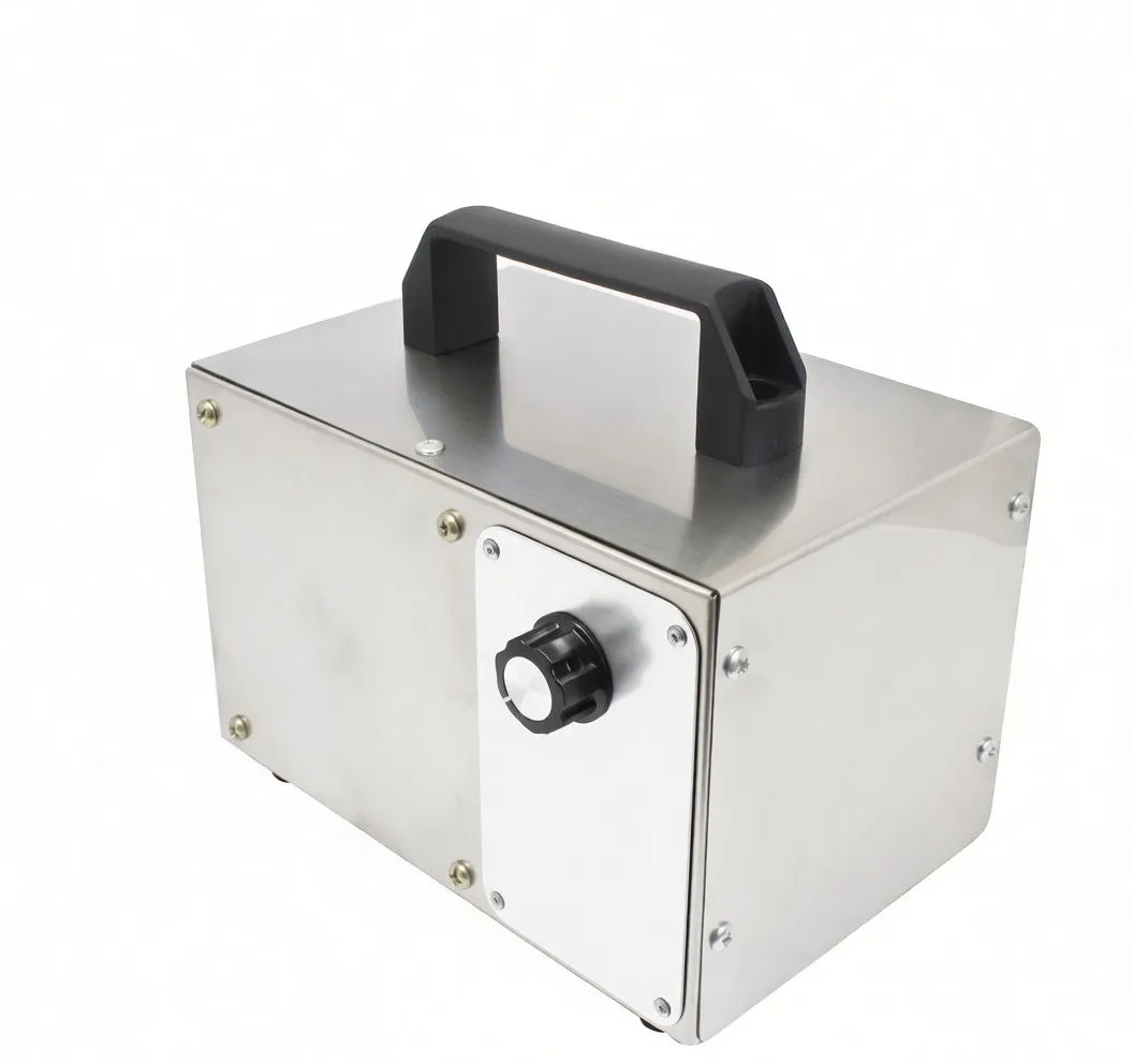 Ozone generator positioned in front of its retail box showing saTra branding and a POWER 140W label