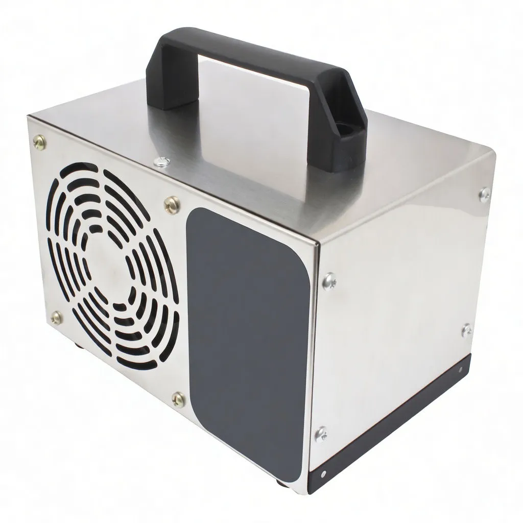 Close three-quarter view of ozone generator showing handle, timing knob labeled 0–60, saTra logo, red lamp and fan vent