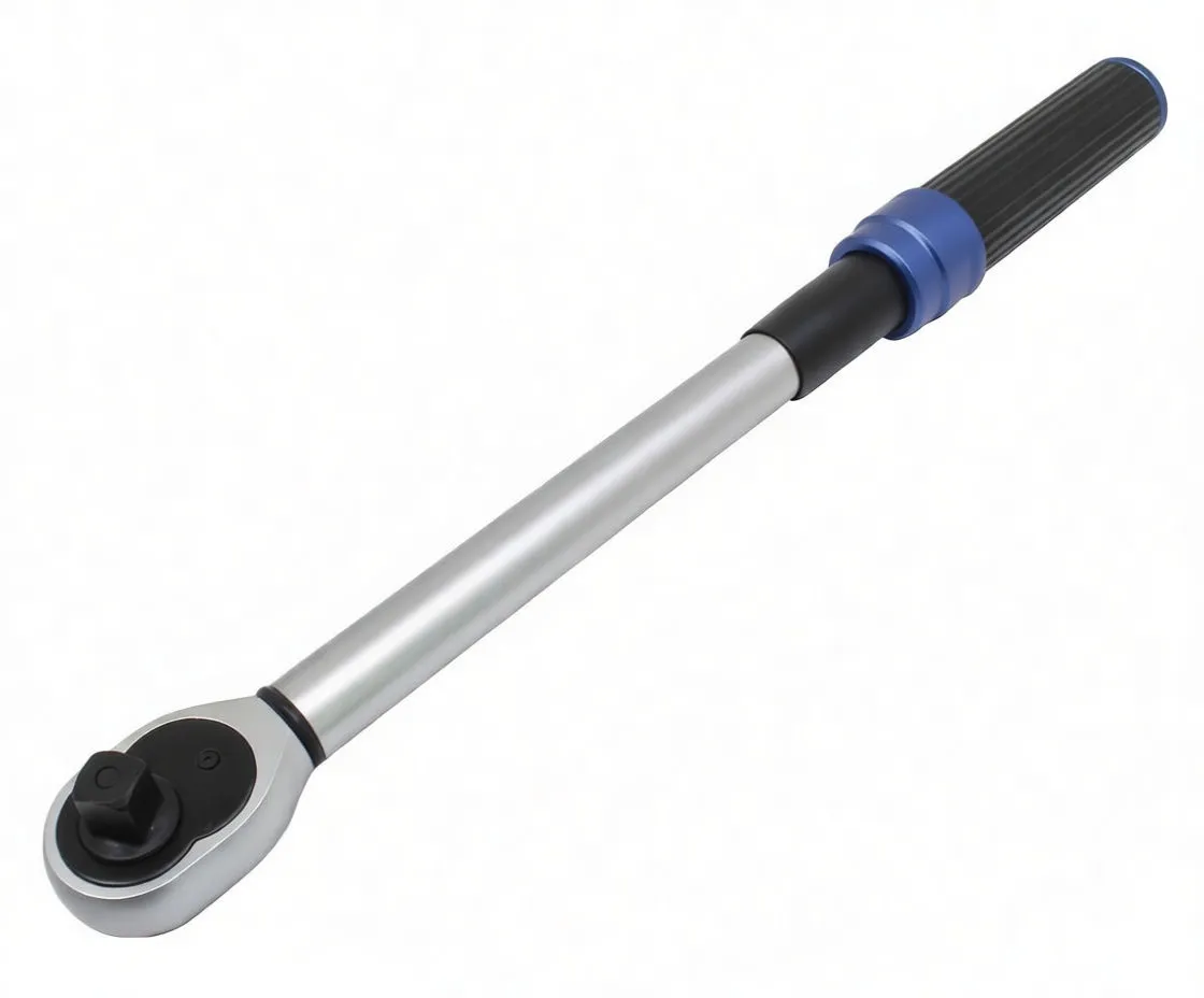 Top view of torque wrench showing printed calibration marks on shaft, adjustment sleeve, blue locking collar and ribbed grip.