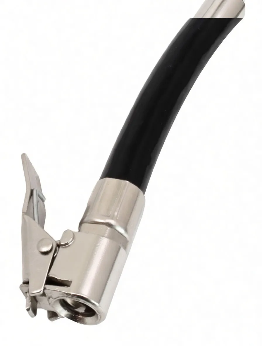 Close-up of metal air chuck with lever locking clip attached to black hose