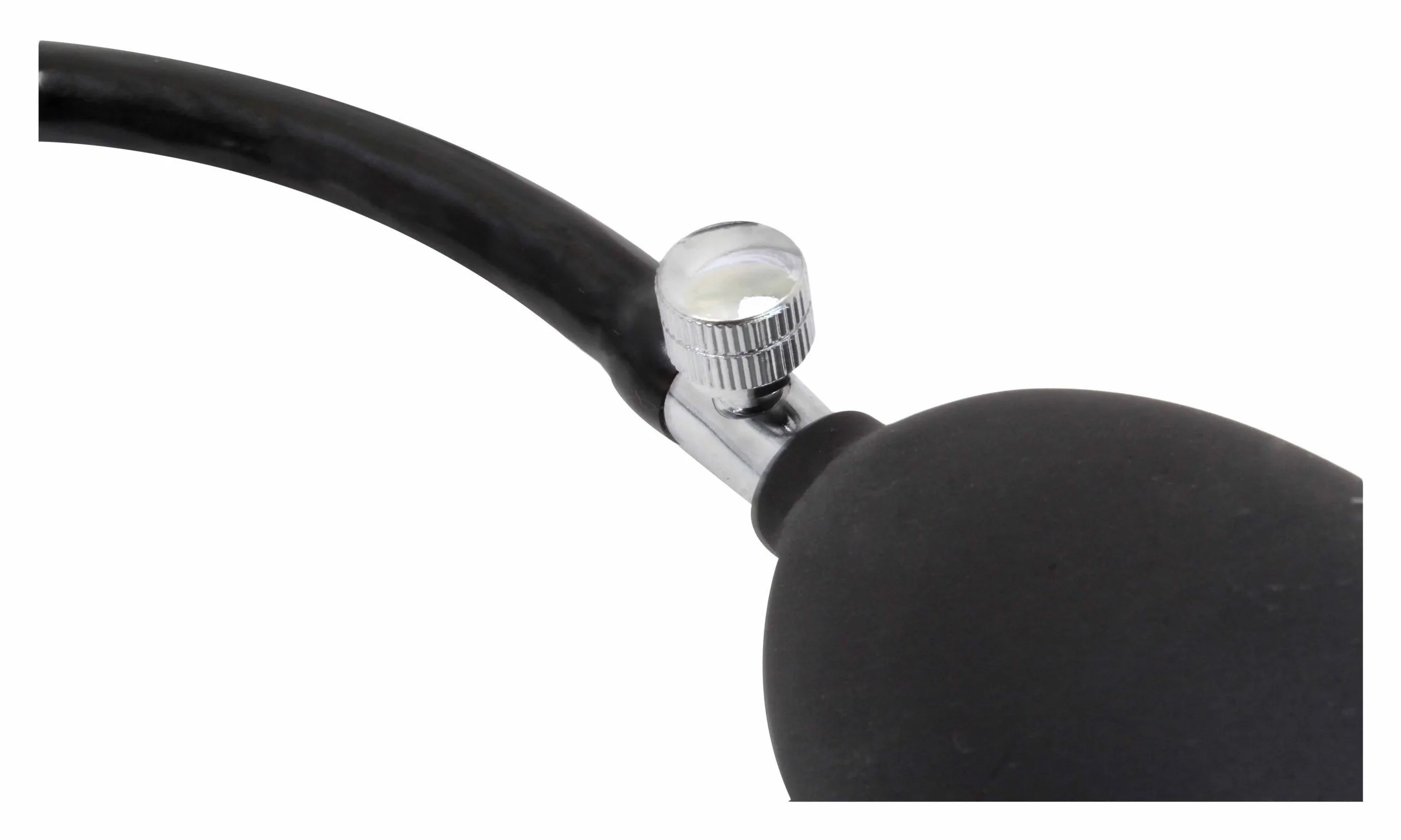 Rubber squeeze bulb and chrome fitting with knurled bleed screw on attached black hose