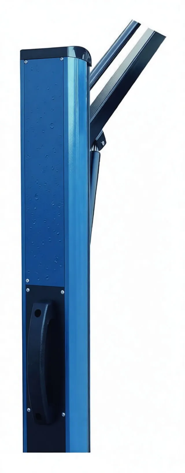 Control column close-up with switches, rotary knob, pictogram instructions, brand label and handle; hinge to lamp arm visible