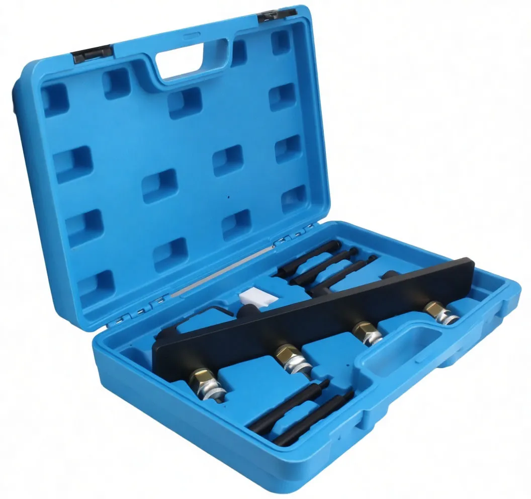 Side perspective of blue tool case showing black rail with four connector posts, extractor rods and molded tool recesses