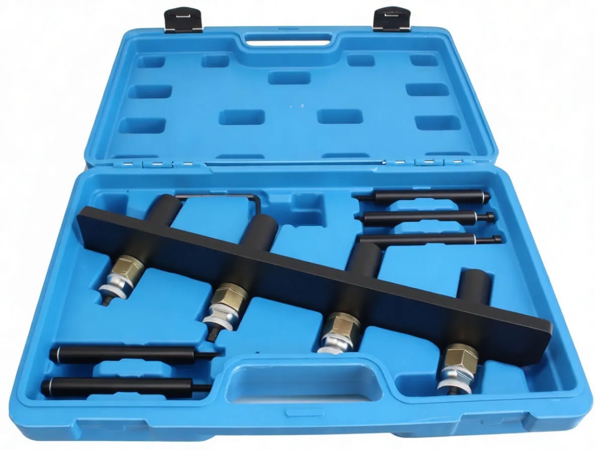 Close-up of injector removal tool set: black bar with four threaded fittings, brass hex collars, silver nuts and multiple black marked extractor rods in a blue case