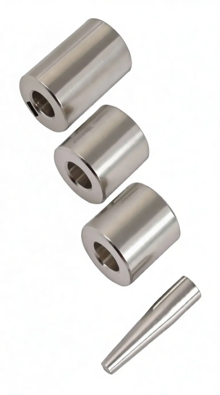 Angled view of three metal sleeves with central holes and a conical mandrel, all marked ASTA