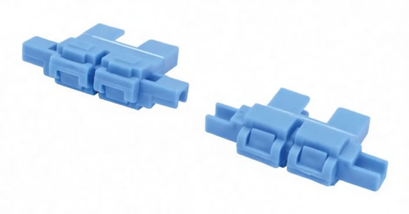 Angled underside view of two blue in-line blade fuse holders showing fuse cavities, latches and wire entry points