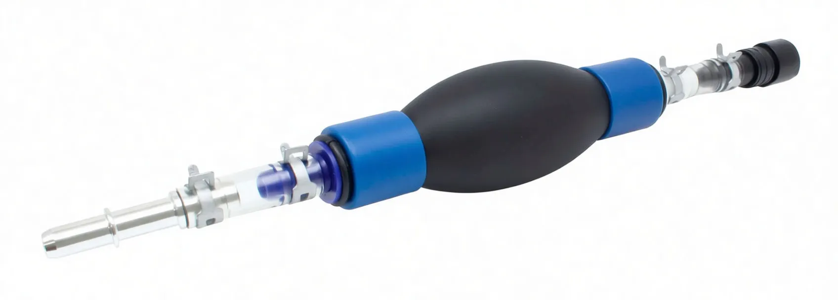 Side view of an inline diesel deaeration pump: black rubber bulb center, blue collars, clear tubing with internal valve parts, metal barbs and black end connector.