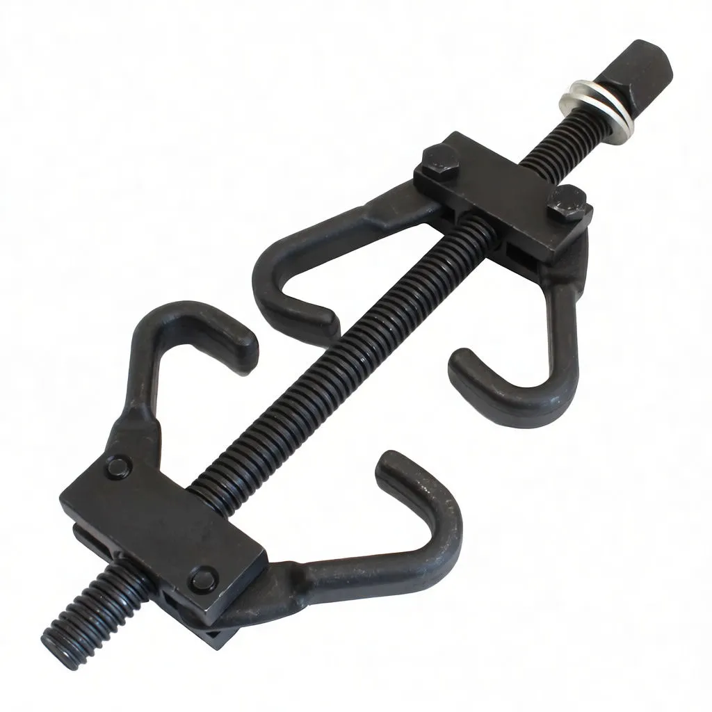 Angled view of inner spring compressor with threaded rod, hex drive and washer, four J-hooks and visible marking 'satra S-CSC' on the clamp plate