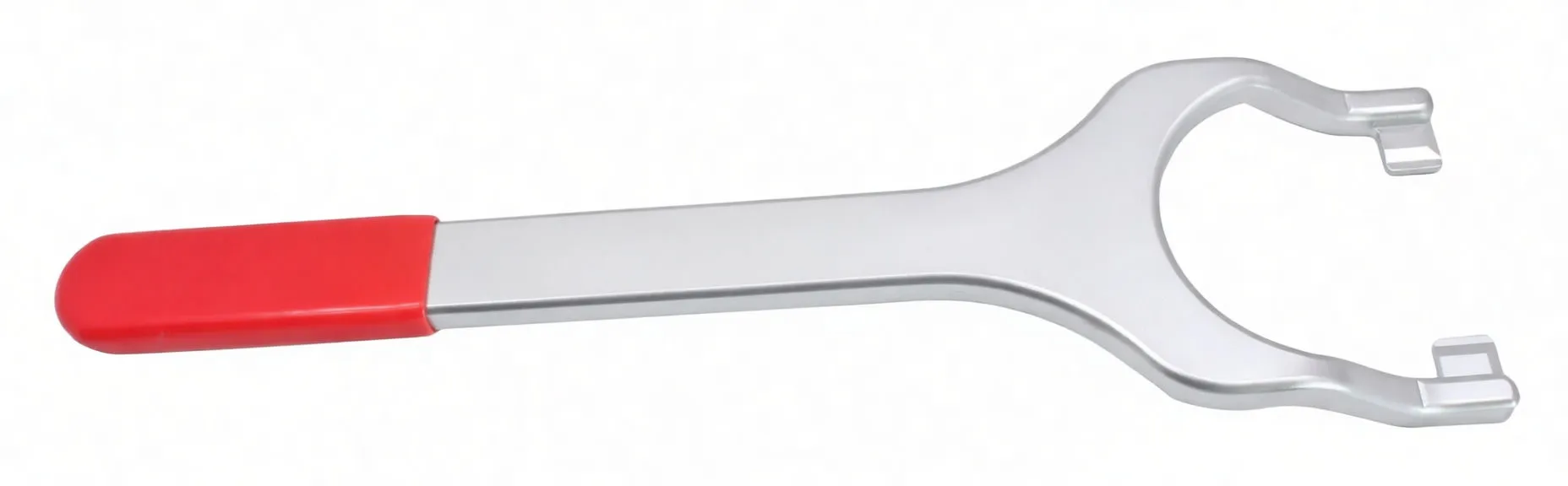 Full-length top view of a polished metal extractor fork with U-shaped head and red handle